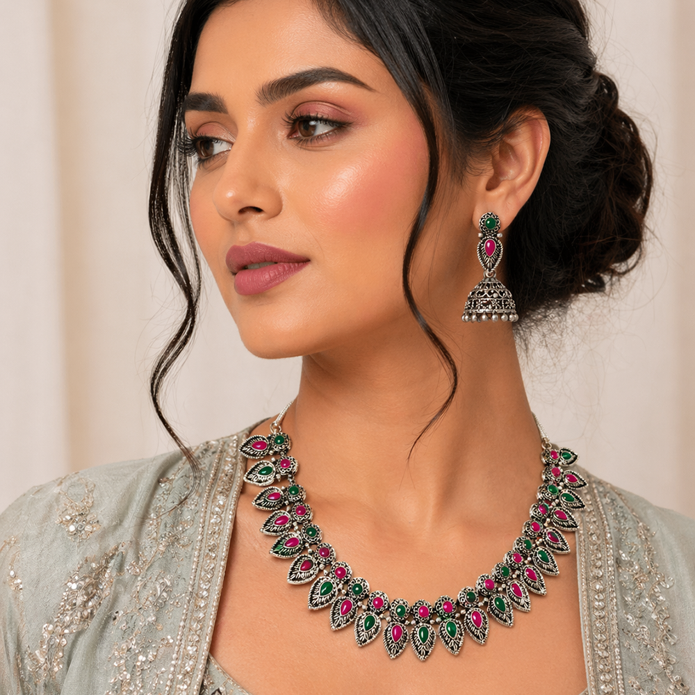 The99Jewel Oxidised Silver Choker Necklace Set with Pink & Green  Beads & Jhumka Earrings