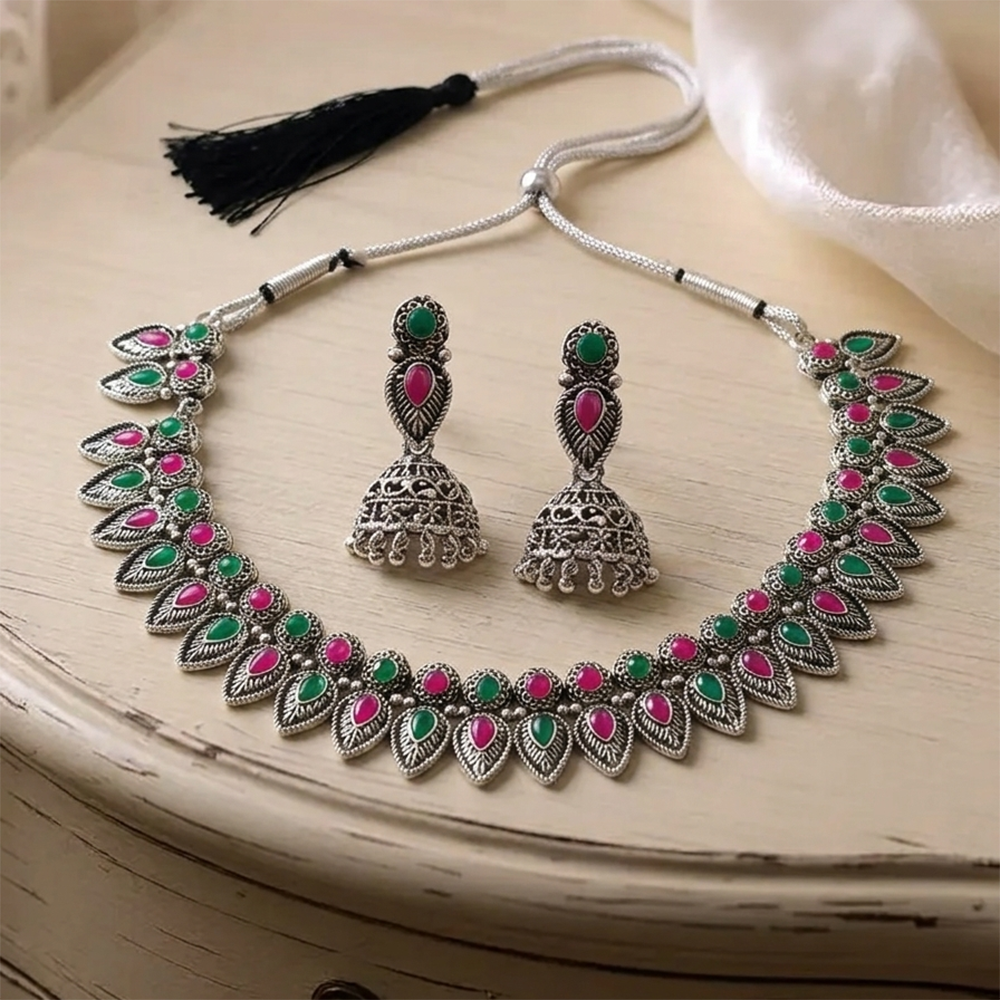 The99Jewel Oxidised Silver Choker Necklace Set with Pink & Green  Beads & Jhumka Earrings