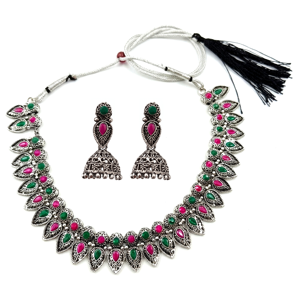 The99Jewel Oxidised Silver Choker Necklace Set with Pink & Green  Beads & Jhumka Earrings
