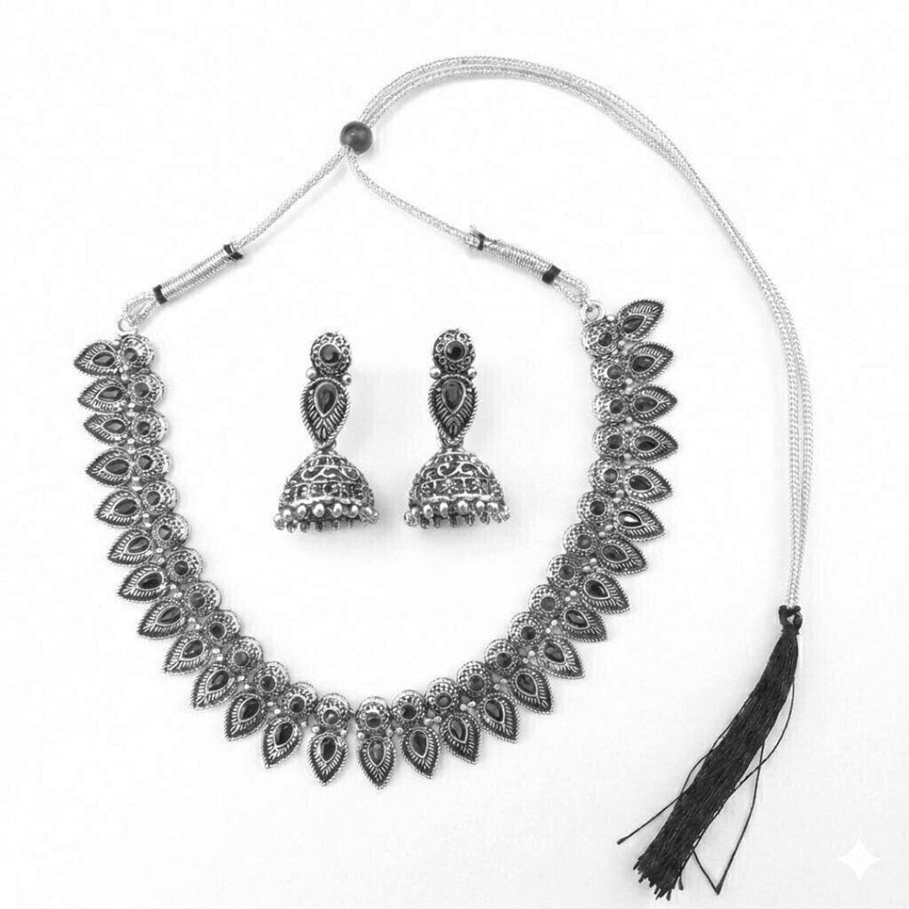 The99Jewel Oxidised Silver Stone Necklace Set with Jhumka Earrings for Women-1116602