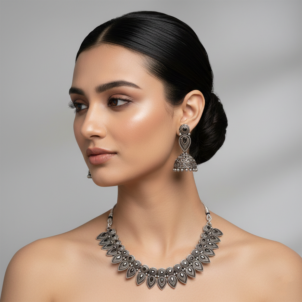 The99Jewel Oxidised Silver Stone Necklace Set with Jhumka Earrings for Women-1116602