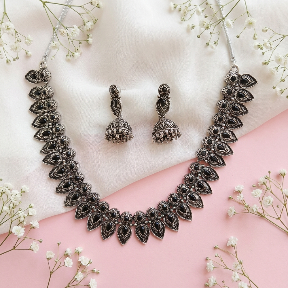 The99Jewel Oxidised Silver Stone Necklace Set with Jhumka Earrings for Women-1116602