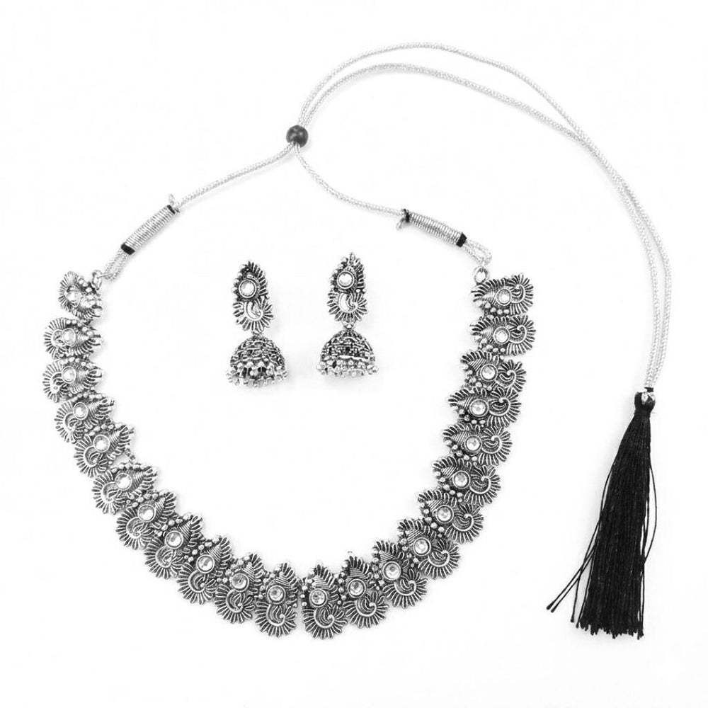 The99Jewel Oxidised Silver Stone Necklace Set with Jhumka Earrings for Women-1116603A