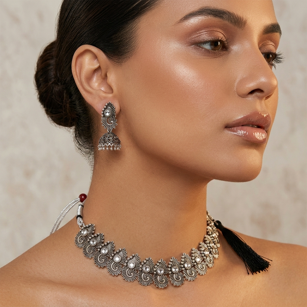 The99Jewel Oxidised Silver Stone Necklace Set with Jhumka Earrings for Women-1116603A
