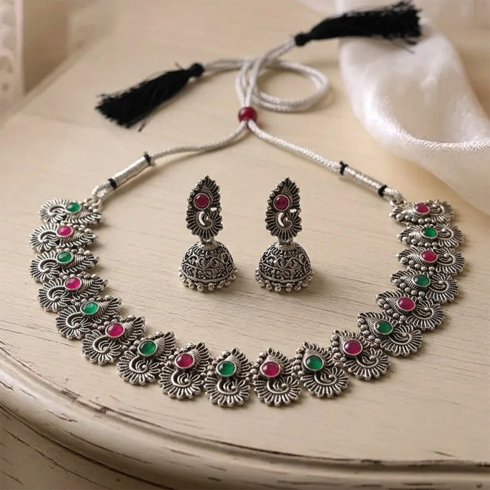 The99Jewel Oxidised Silver Choker Necklace Set with Pink & Green  Beads & Jhumka Earrings