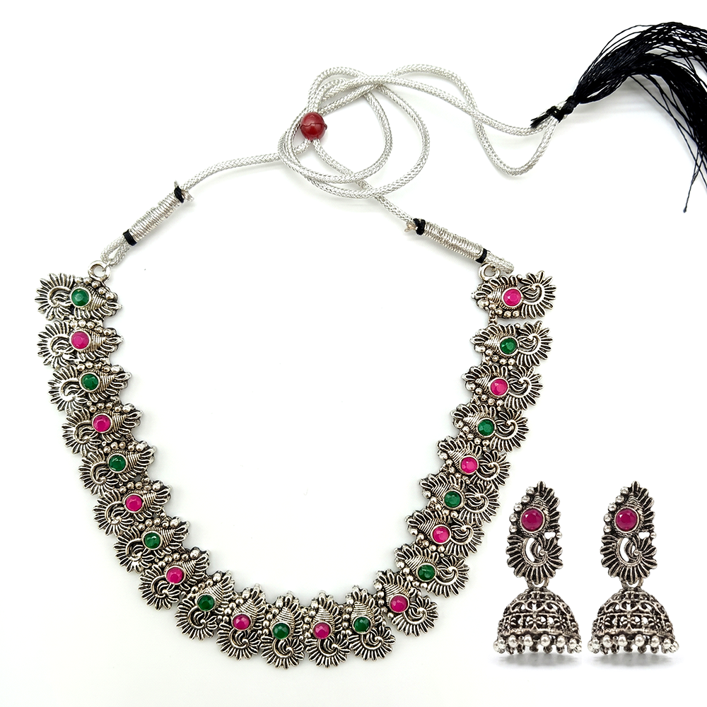 The99Jewel Oxidised Silver Choker Necklace Set with Pink & Green  Beads & Jhumka Earrings