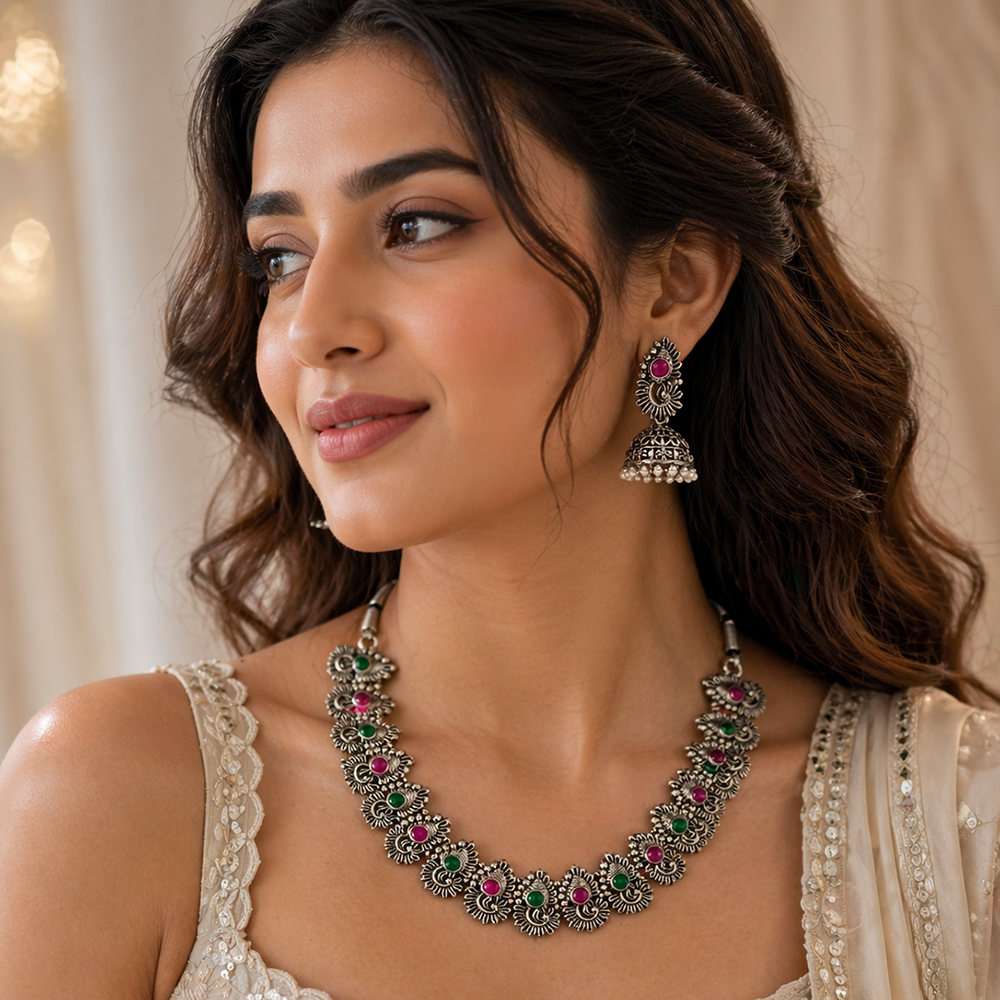 The99Jewel Oxidised Silver Choker Necklace Set with Pink & Green  Beads & Jhumka Earrings