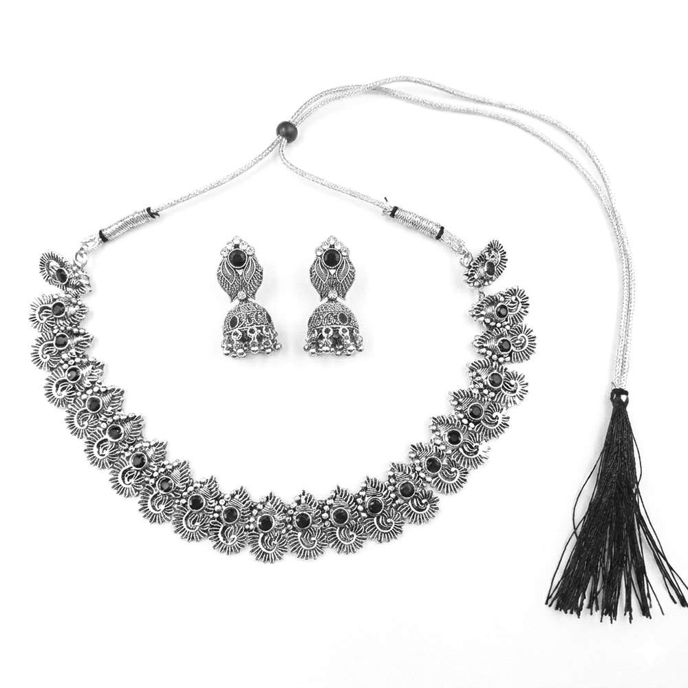 The99Jewel Oxidised Silver Stone Necklace Set with Jhumka Earrings for Women-1116603