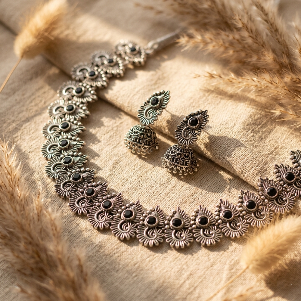 The99Jewel Oxidised Silver Stone Necklace Set with Jhumka Earrings for Women-1116603