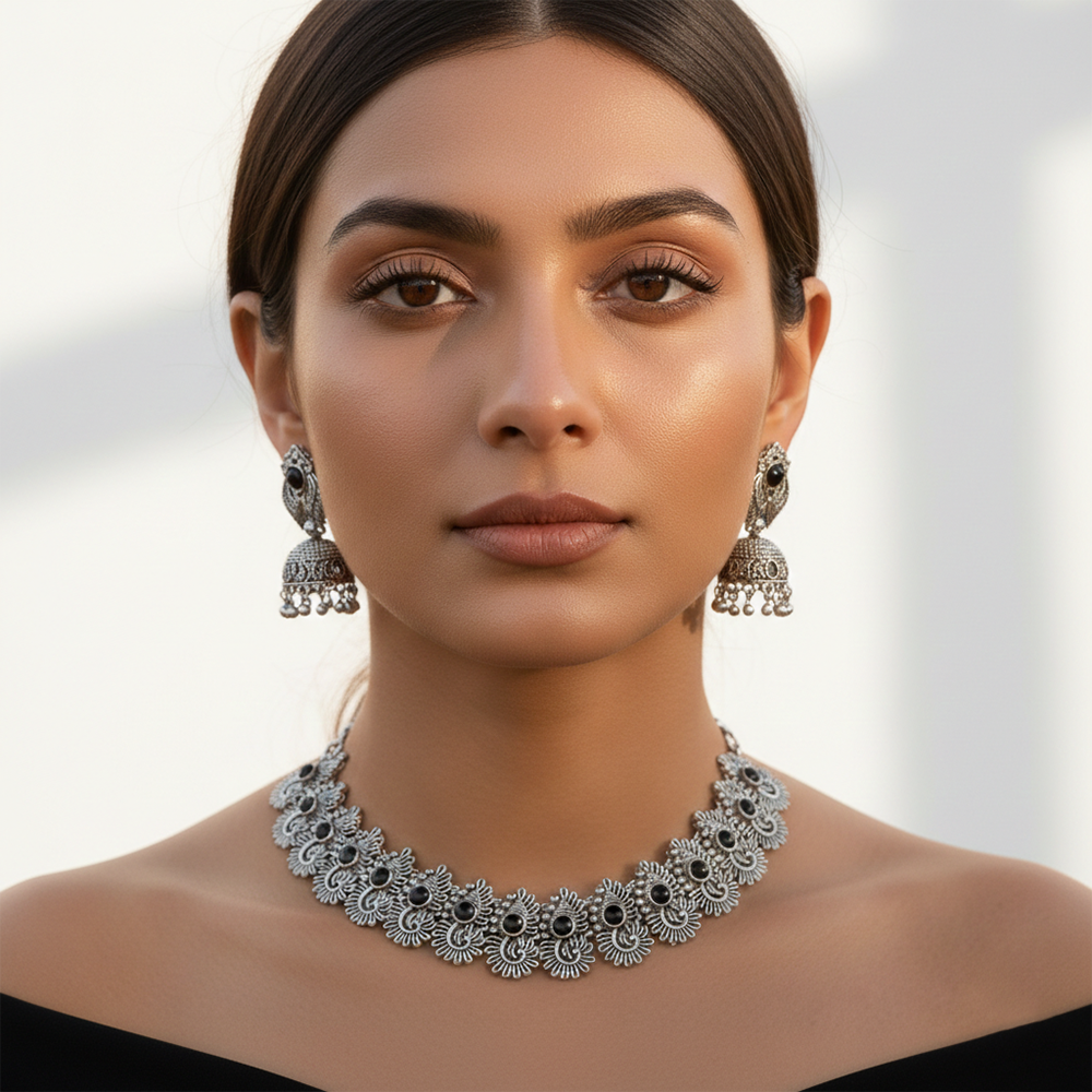 The99Jewel Oxidised Silver Stone Necklace Set with Jhumka Earrings for Women-1116603