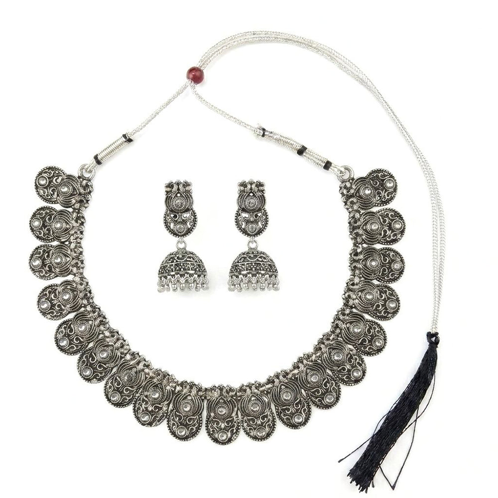 The99Jewel Oxidised Silver Stone Necklace Set with Jhumka Earrings for Women-1116604A