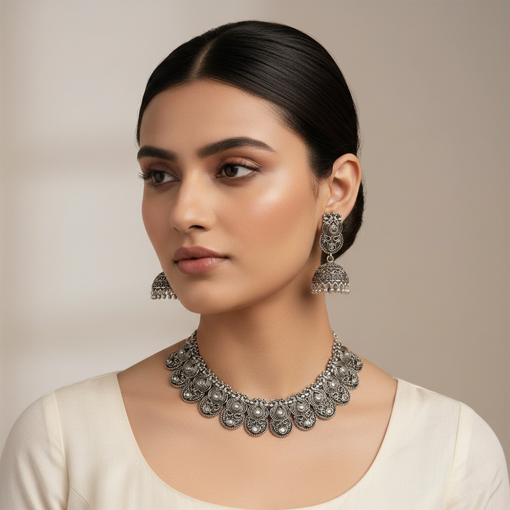 The99Jewel Oxidised Silver Stone Necklace Set with Jhumka Earrings for Women-1116604A