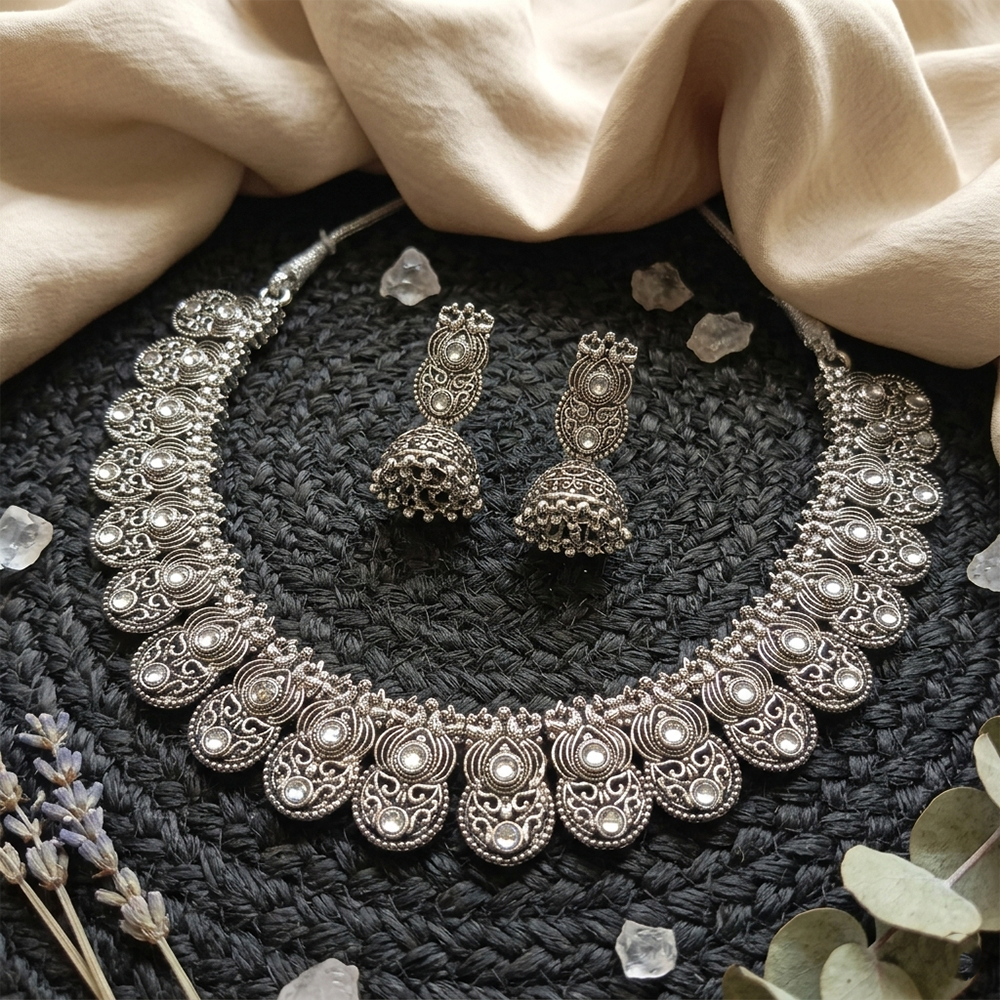 The99Jewel Oxidised Silver Stone Necklace Set with Jhumka Earrings for Women-1116604A