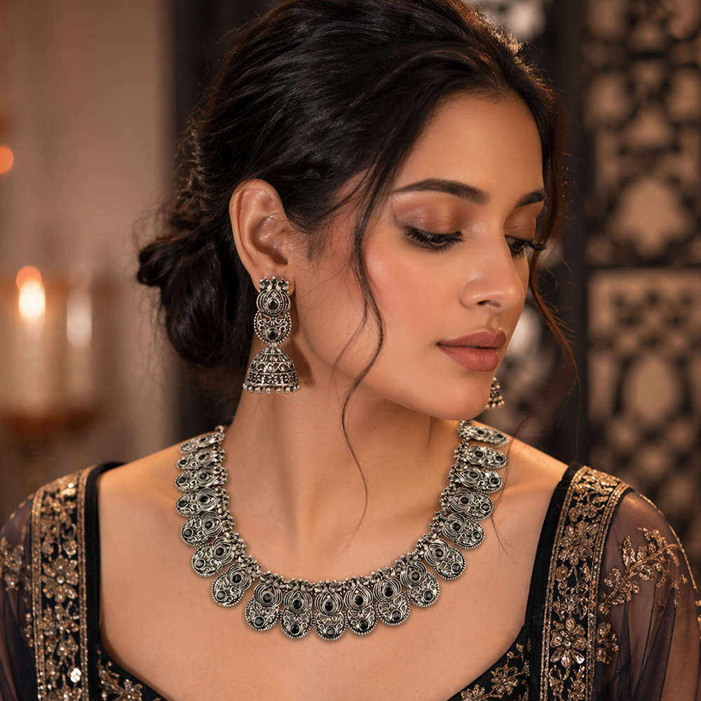 The99Jewel Oxidised Silver Choker Necklace Set with Black Beads & Jhumka Earrings