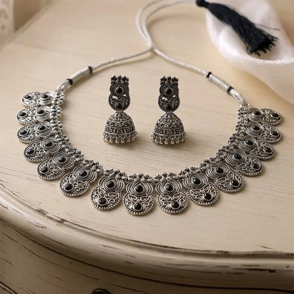 The99Jewel Oxidised Silver Choker Necklace Set with Black Beads & Jhumka Earrings