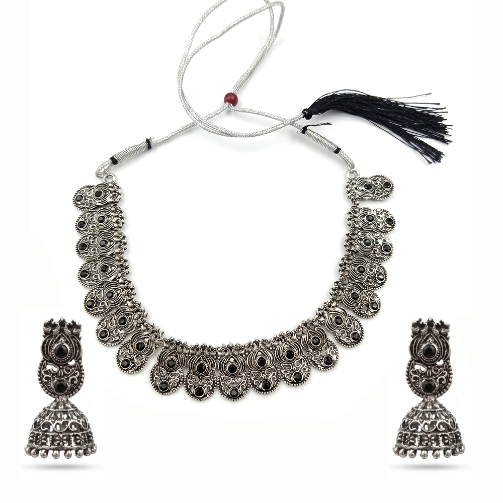 The99Jewel Oxidised Silver Choker Necklace Set with Black Beads & Jhumka Earrings