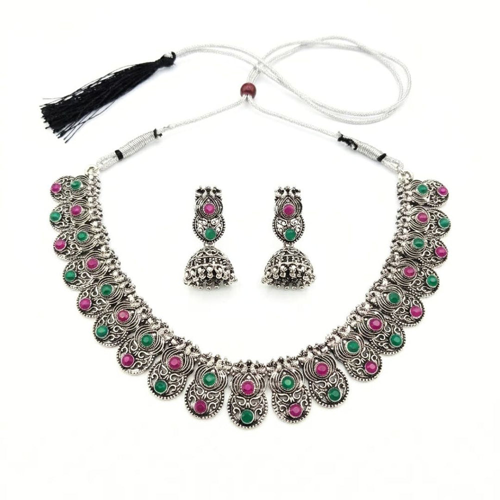 The99Jewel Oxidised Silver Stone Necklace Set with Jhumka Earrings for Women-1116604