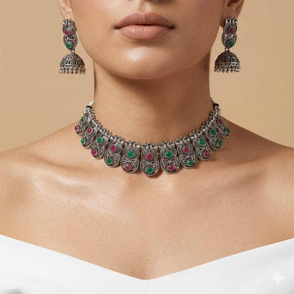 The99Jewel Oxidised Silver Stone Necklace Set with Jhumka Earrings for Women-1116604