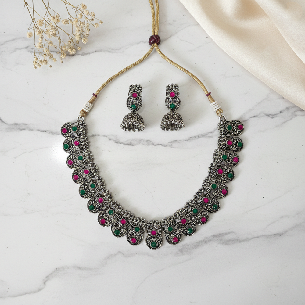 The99Jewel Oxidised Silver Stone Necklace Set with Jhumka Earrings for Women-1116604