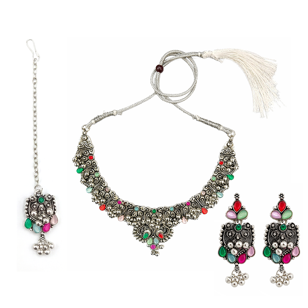 The99Jewel Oxidised Silver Choker Necklace Set with Multi Beads & Jhumka Earrings