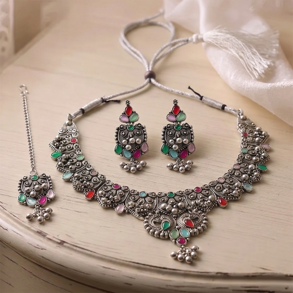 The99Jewel Oxidised Silver Choker Necklace Set with Multi Beads & Jhumka Earrings
