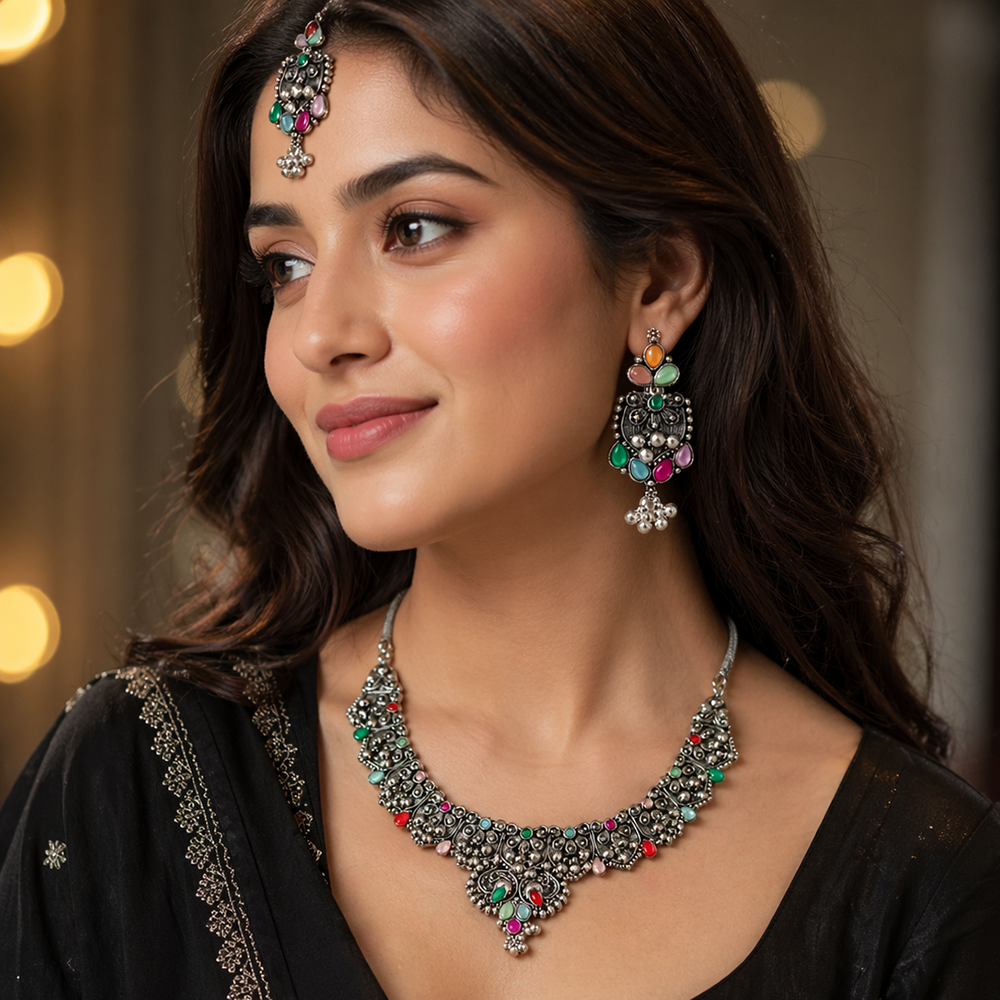 The99Jewel Oxidised Silver Choker Necklace Set with Multi Beads & Jhumka Earrings
