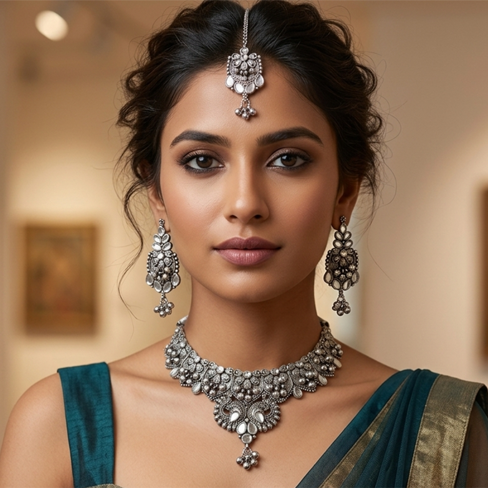 The99Jewel Oxidised Silver Choker Necklace Set with White Beads & Jhumka Earrings