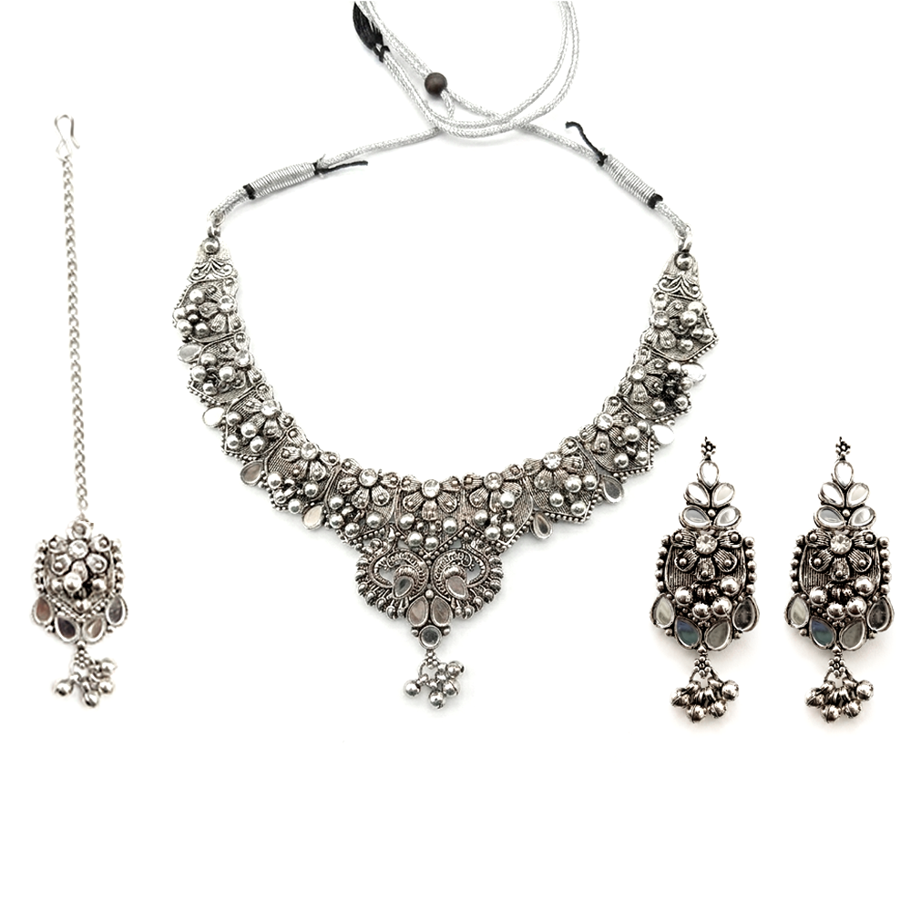 The99Jewel Oxidised Silver Choker Necklace Set with White Beads & Jhumka Earrings