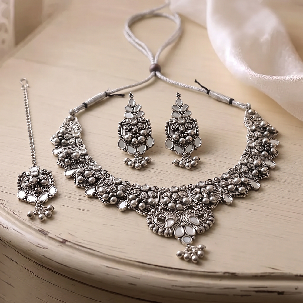 The99Jewel Oxidised Silver Choker Necklace Set with White Beads & Jhumka Earrings