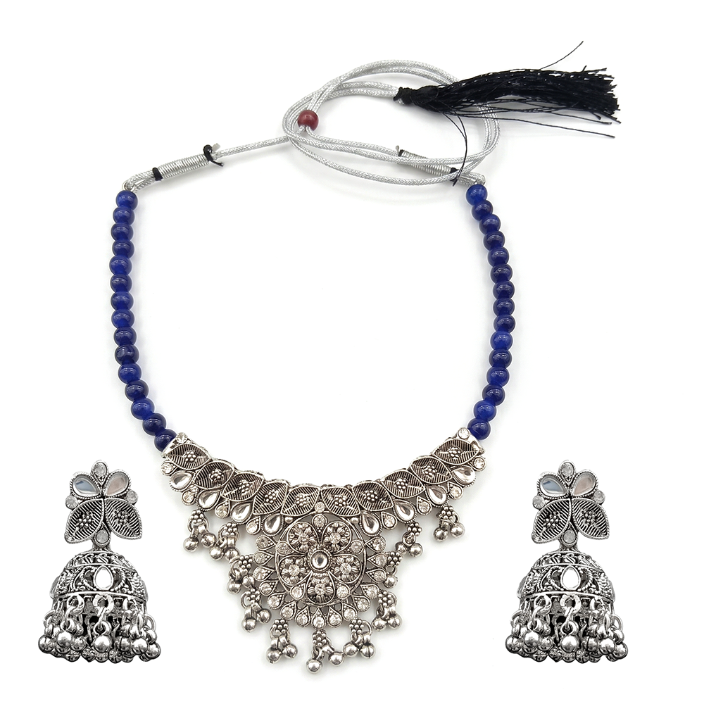 The99Jewel Oxidised Silver Choker Necklace Set with Blue Beads & Jhumka Earrings