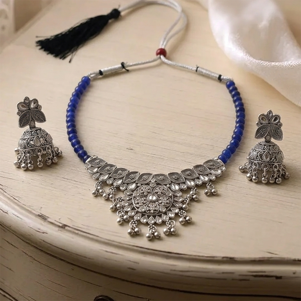 The99Jewel Oxidised Silver Choker Necklace Set with Blue Beads & Jhumka Earrings