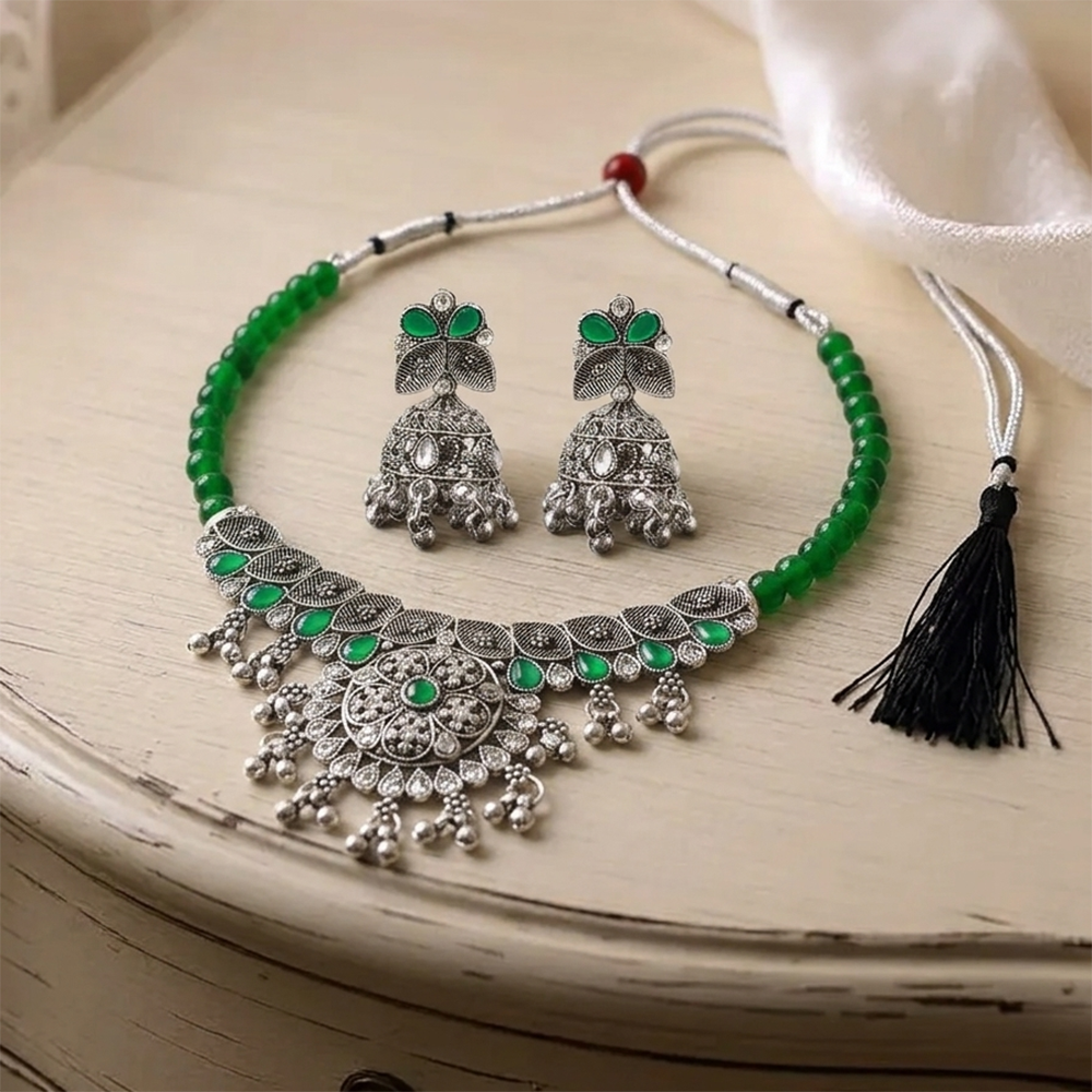 The99Jewel Oxidised Silver Choker Necklace Set with Green Beads & Jhumka Earrings