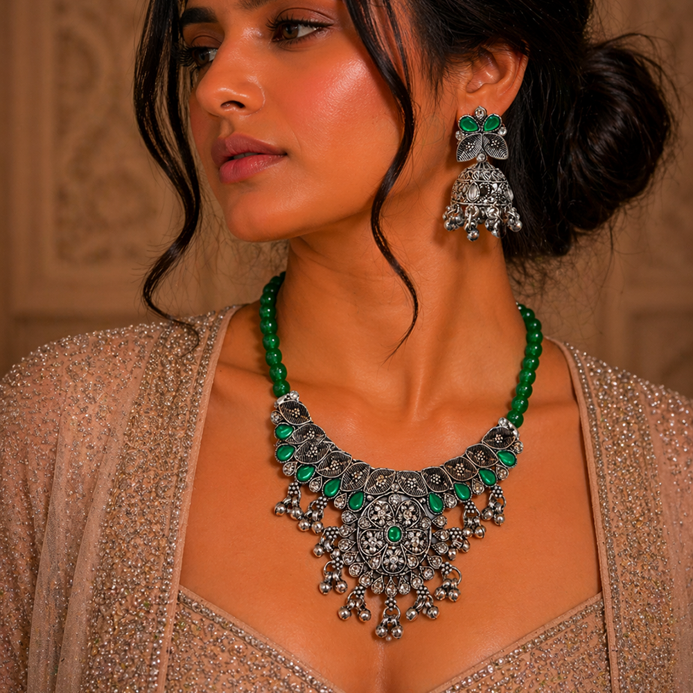 The99Jewel Oxidised Silver Choker Necklace Set with Green Beads & Jhumka Earrings