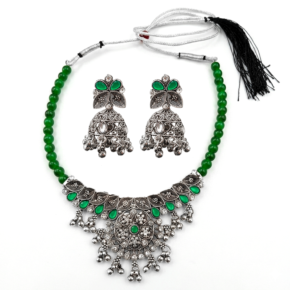 The99Jewel Oxidised Silver Choker Necklace Set with Green Beads & Jhumka Earrings