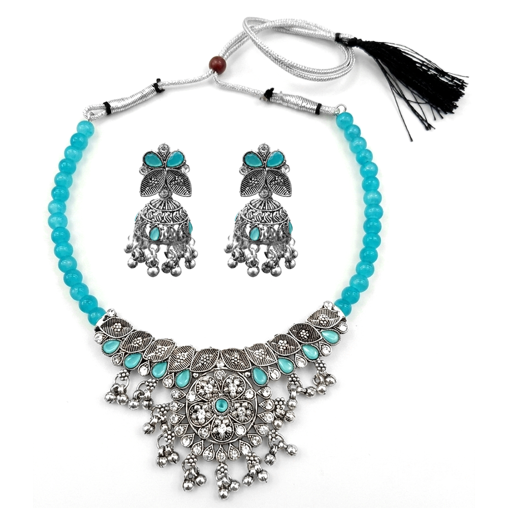 The99Jewel Oxidised Silver Choker Necklace Set with Light Blue Beads & Jhumka Earrings