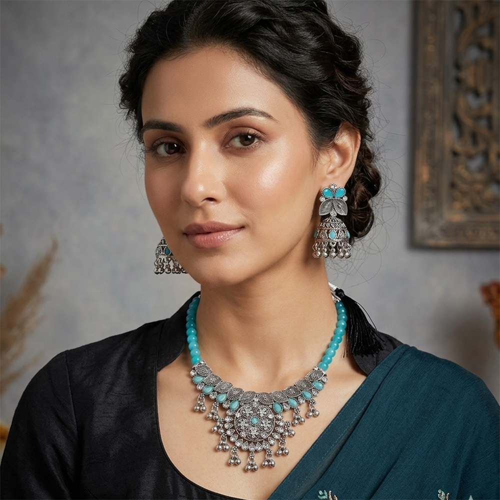 The99Jewel Oxidised Silver Choker Necklace Set with Light Blue Beads & Jhumka Earrings