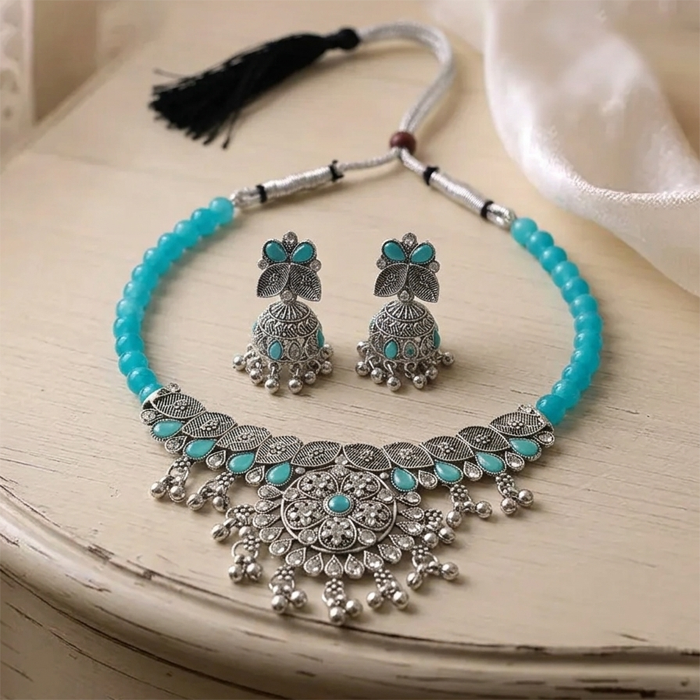 The99Jewel Oxidised Silver Choker Necklace Set with Light Blue Beads & Jhumka Earrings