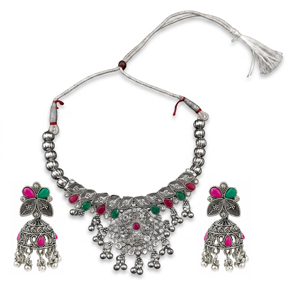 The99Jewel Oxidised Silver Choker Necklace Set with Pink & Green Beads & Jhumka Earrings