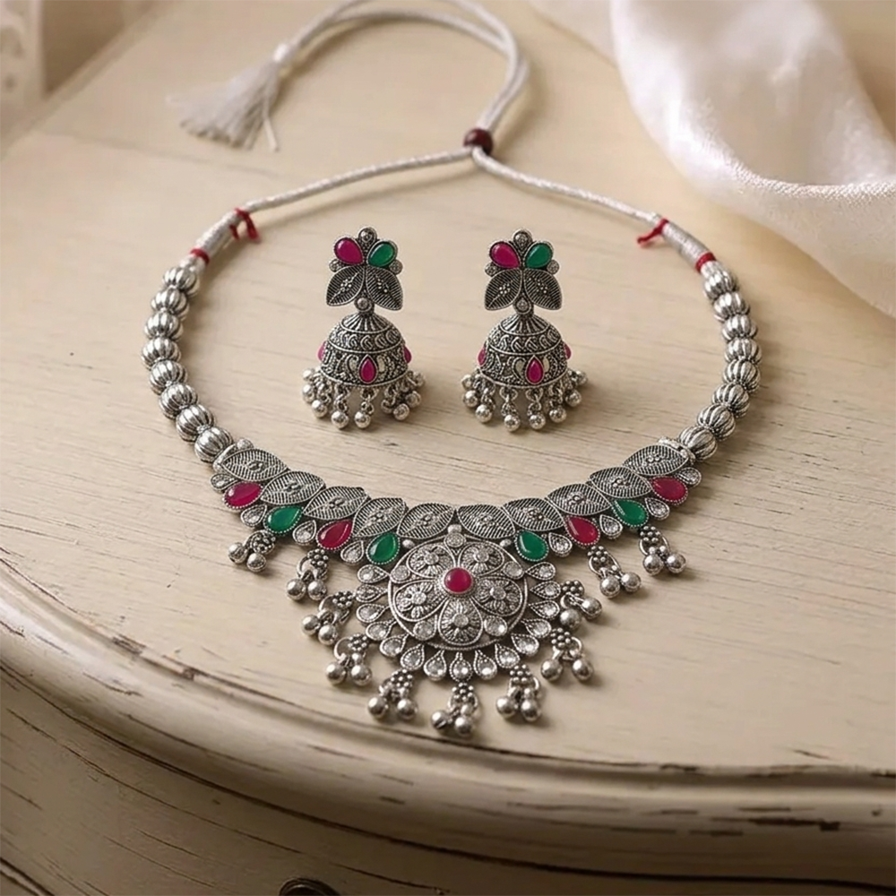 The99Jewel Oxidised Silver Choker Necklace Set with Pink & Green Beads & Jhumka Earrings