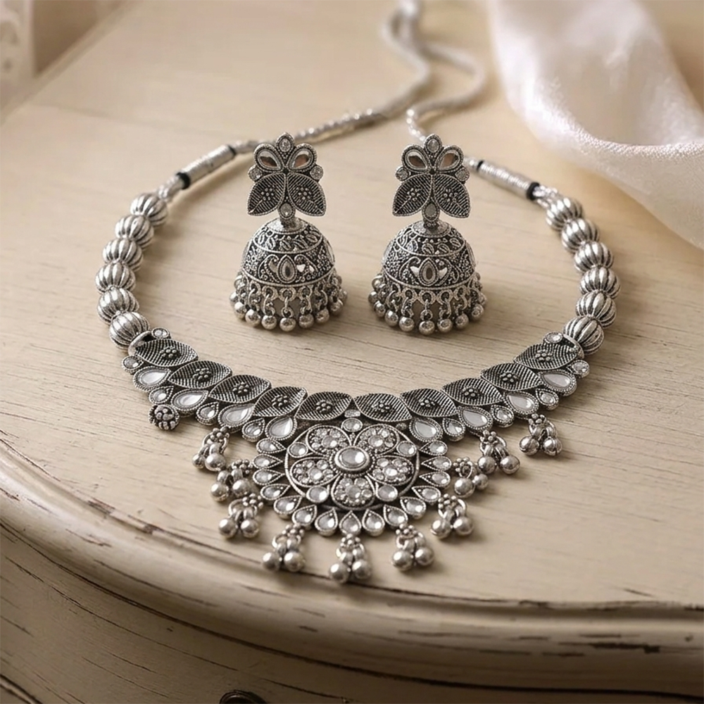 The99Jewel Oxidised Silver Choker Necklace Set with White Beads & Jhumka Earrings