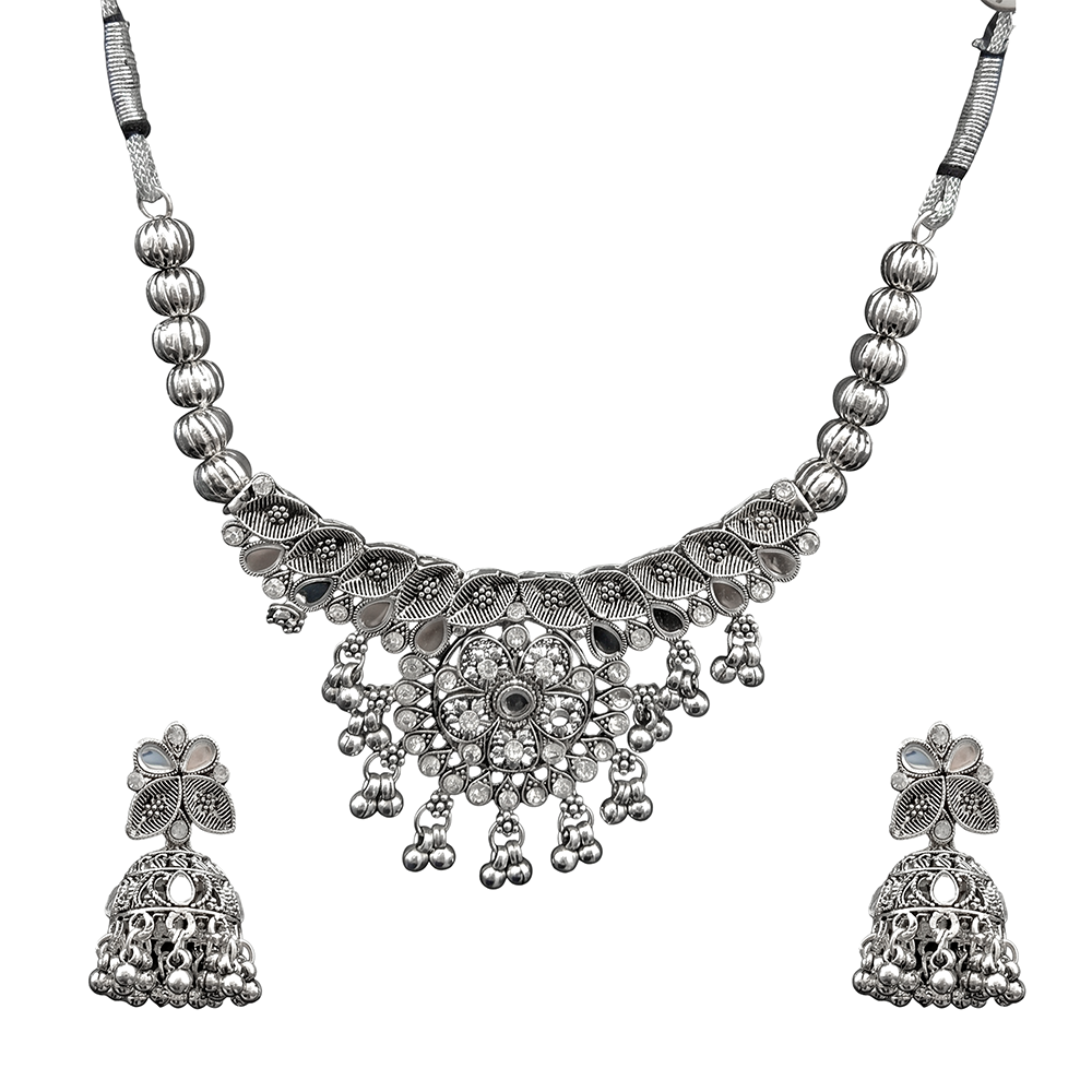 The99Jewel Oxidised Silver Choker Necklace Set with White Beads & Jhumka Earrings
