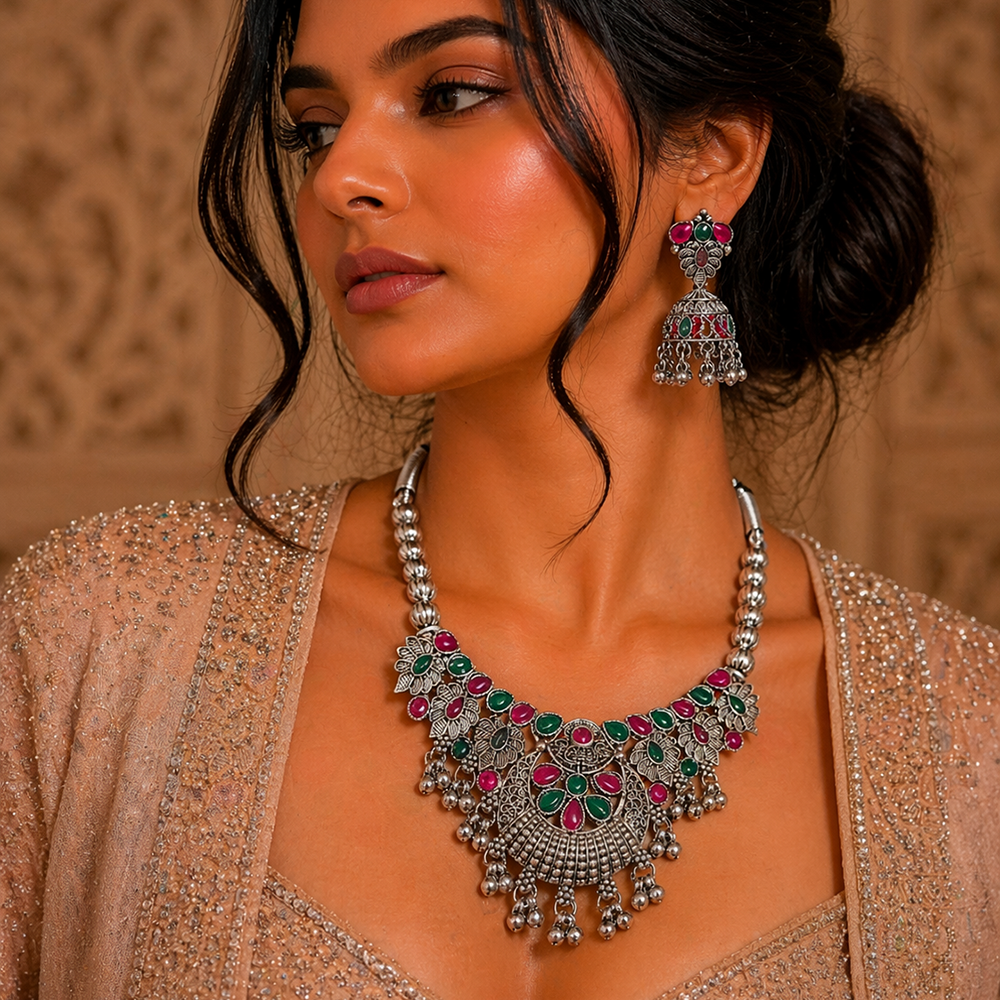 The99Jewel Oxidised Silver Choker Necklace Set with Pink & Green Beads & Jhumka Earrings