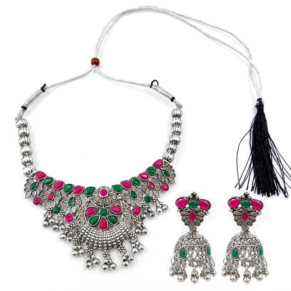 The99Jewel Oxidised Silver Choker Necklace Set with Pink & Green Beads & Jhumka Earrings