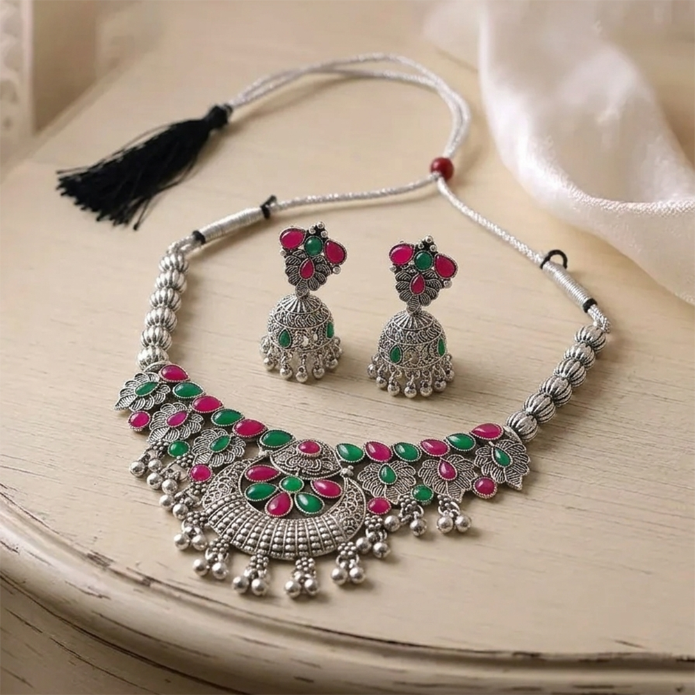 The99Jewel Oxidised Silver Choker Necklace Set with Pink & Green Beads & Jhumka Earrings