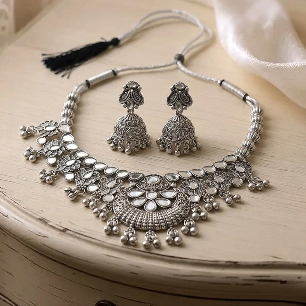 The99Jewel Oxidised Silver Choker Necklace Set with Mirror Work Beads & Jhumka Earrings