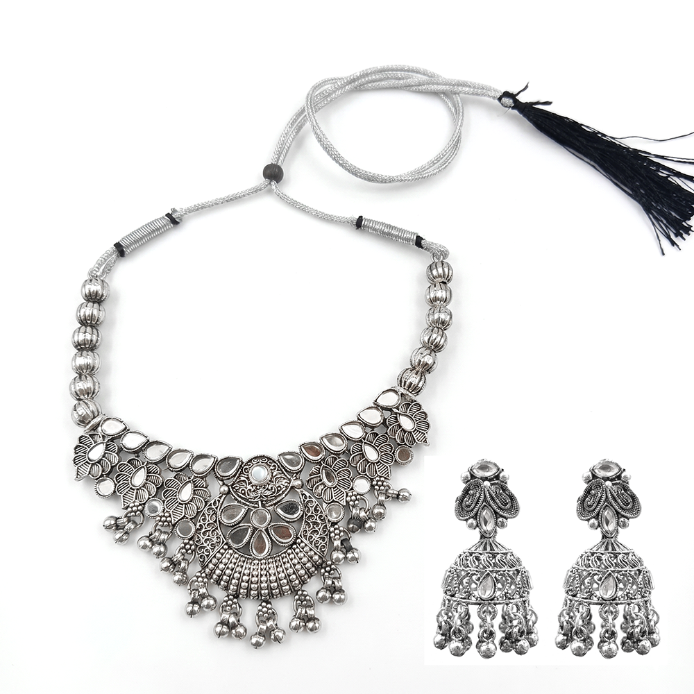 The99Jewel Oxidised Silver Choker Necklace Set with Mirror Work Beads & Jhumka Earrings