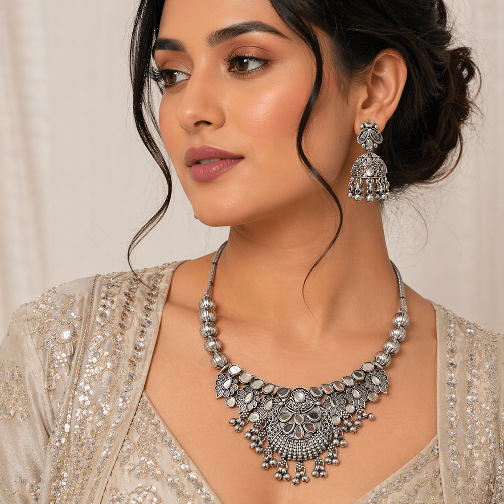 The99Jewel Oxidised Silver Choker Necklace Set with Mirror Work Beads & Jhumka Earrings
