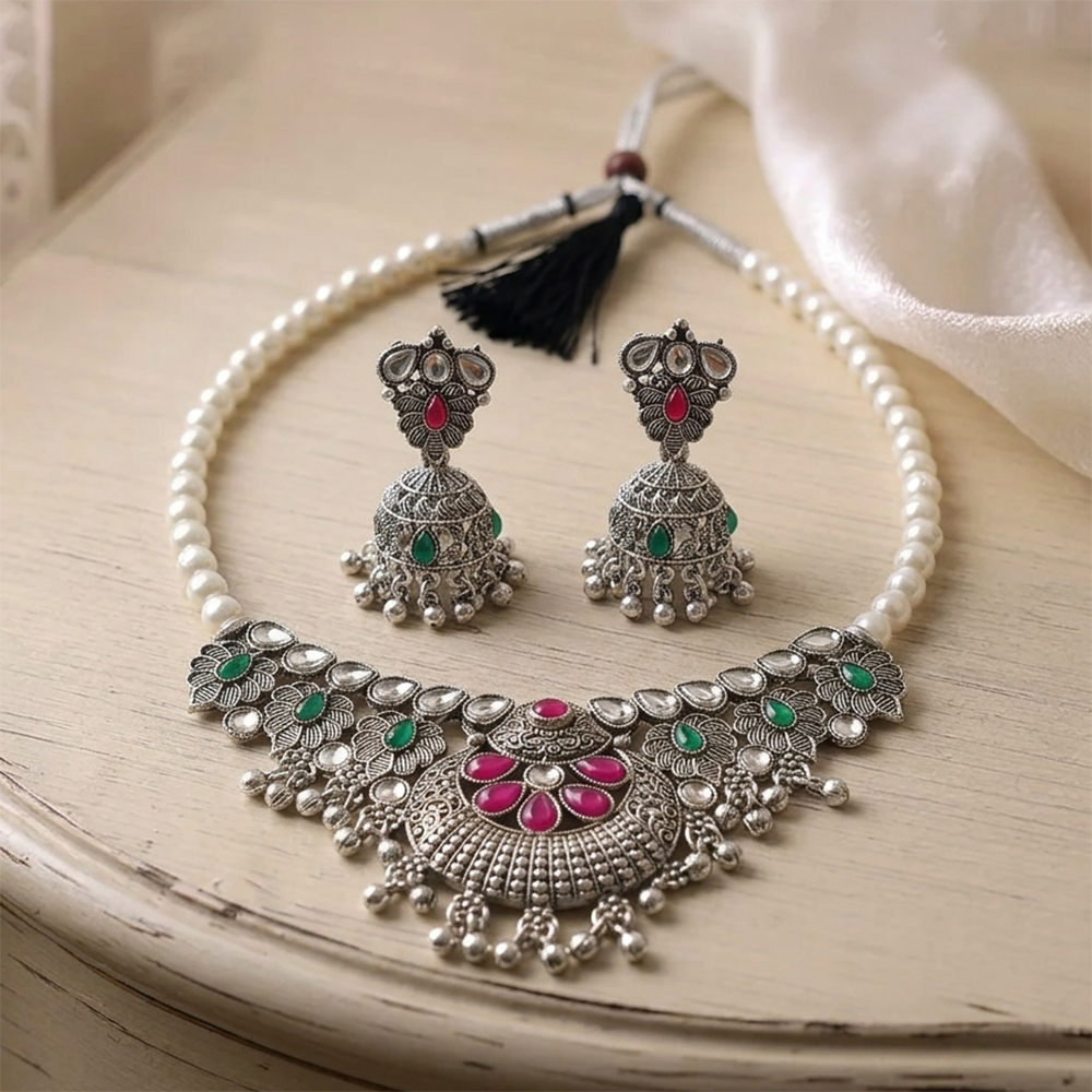 The99Jewel Oxidised Silver Choker Necklace Set with Pink & Green Beads & Jhumka Earrings