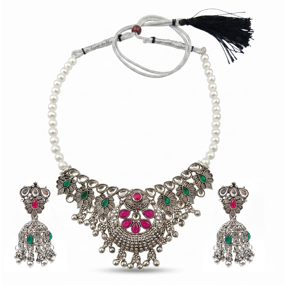 The99Jewel Oxidised Silver Choker Necklace Set with Pink & Green Beads & Jhumka Earrings