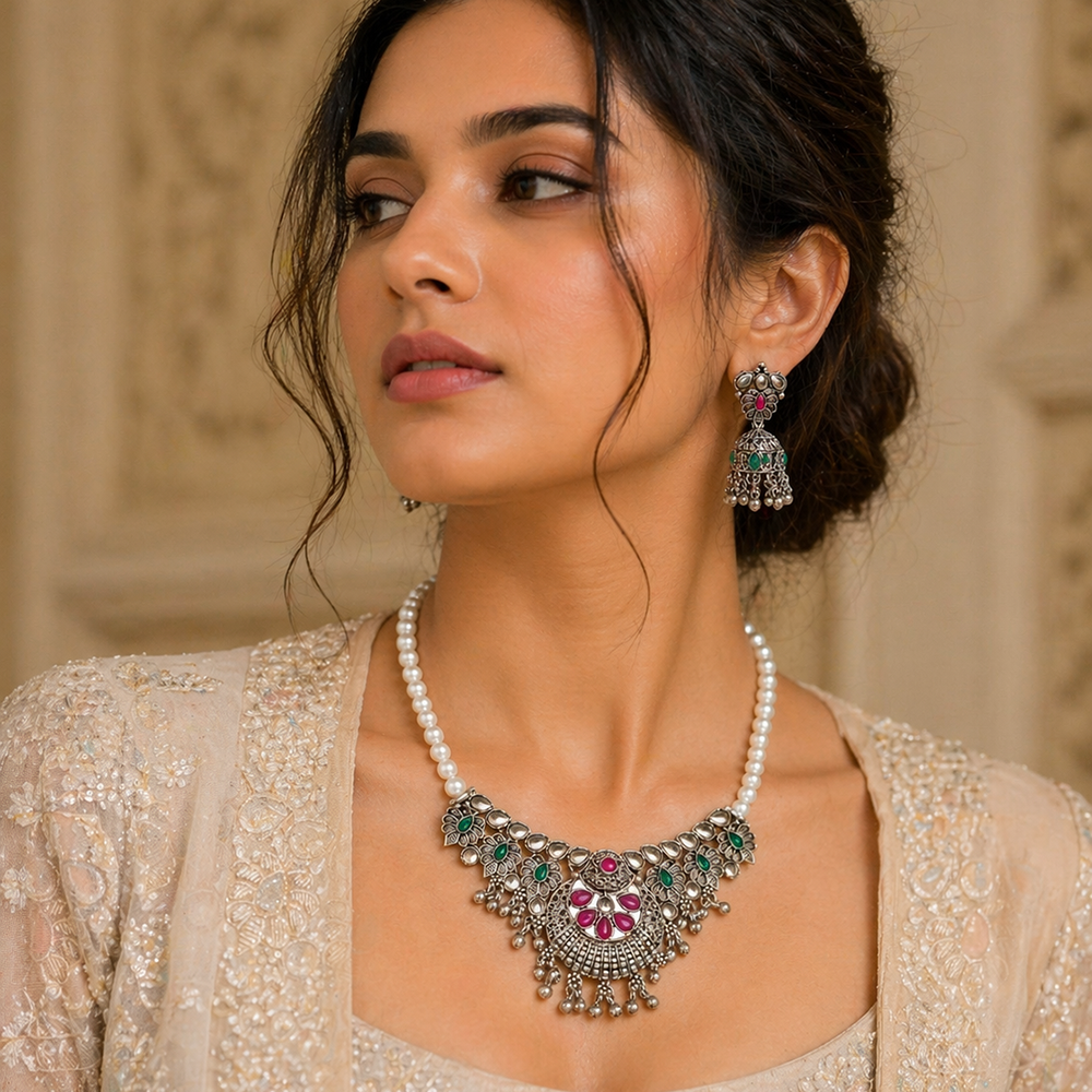The99Jewel Oxidised Silver Choker Necklace Set with Pink & Green Beads & Jhumka Earrings